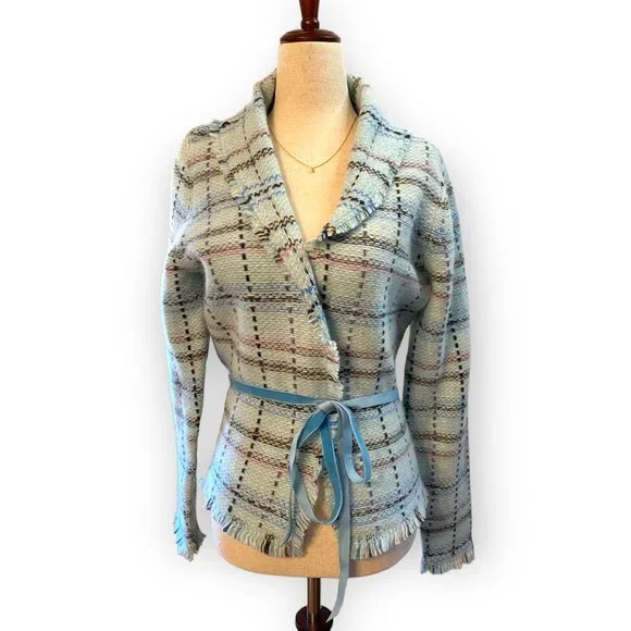Banana Republic Wool and Angora Baby Blue/ Pink Fringed Blazer Size Medium - Picture 1 of 8